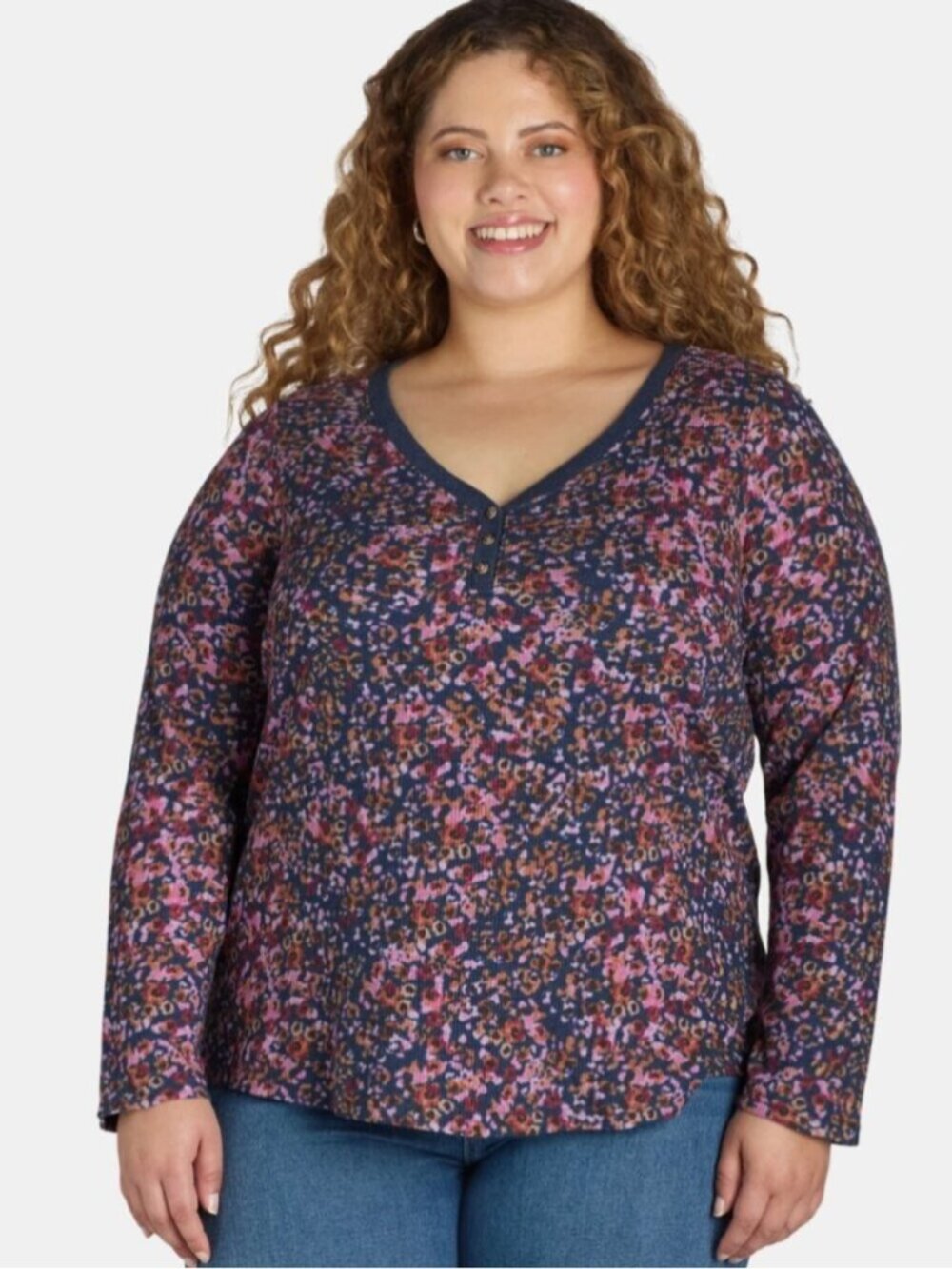 Terra & Sky Floral Print Cotton Blend Waffle Knit Henley